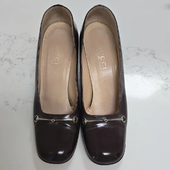 Vintage Gucci Dark Brown Leather Block Heel Pumps with Silver Bit Detail - Picture 2 of 4